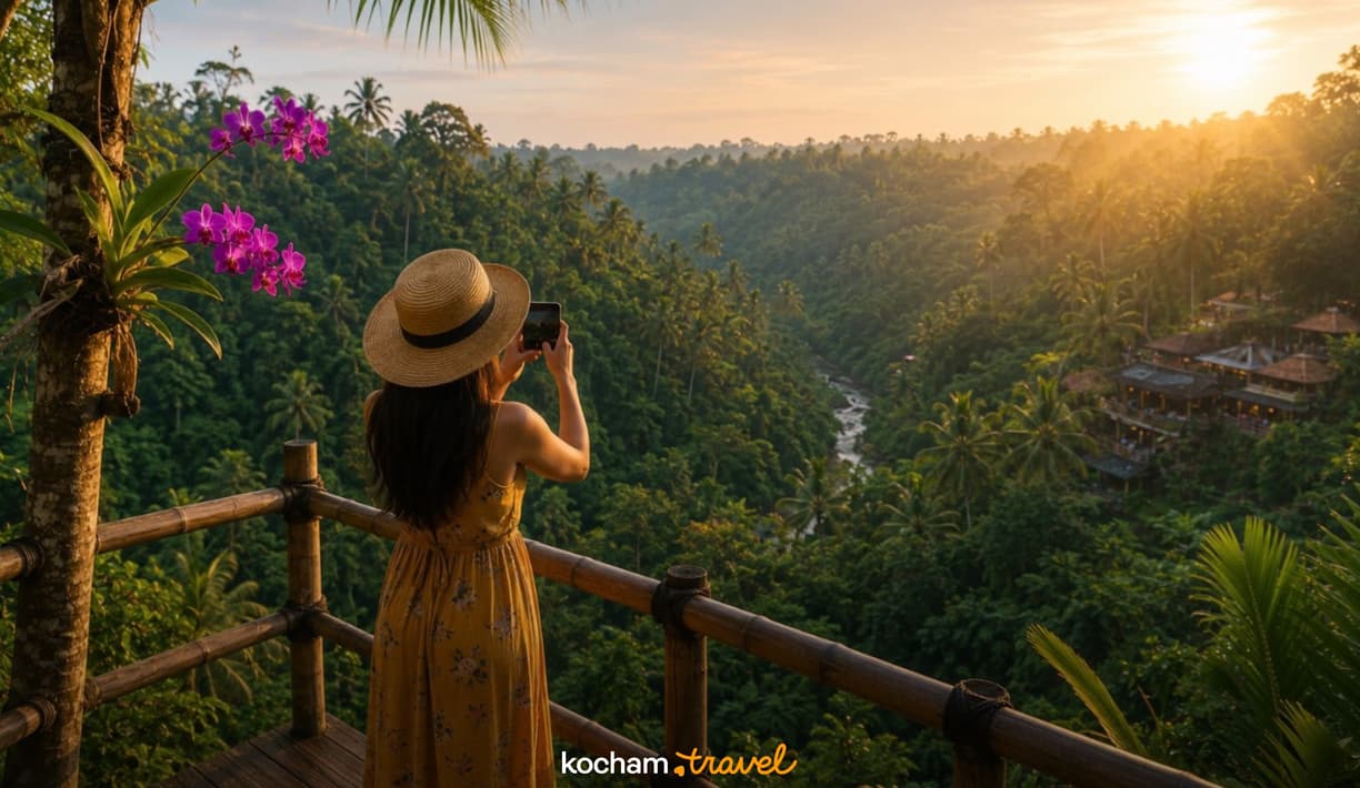 Kobieta w kapeluszu fotografuje bujną tropikalną dolinę w złotym świetle.
