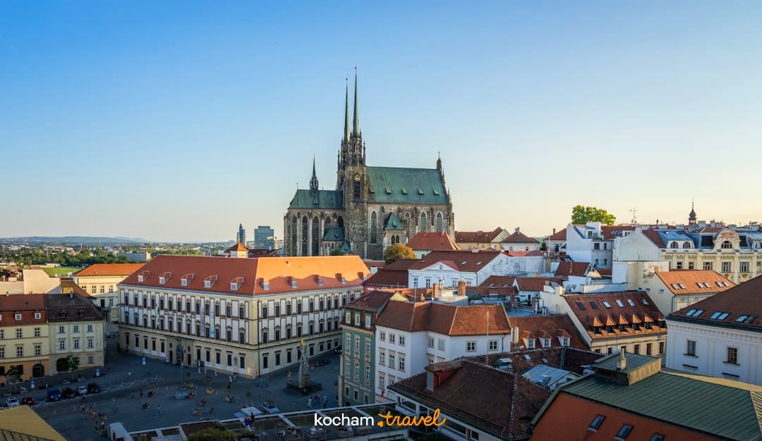 Panorama Brna z Katedrą Petrov, zabytkowa architektura, słoneczny dzień.