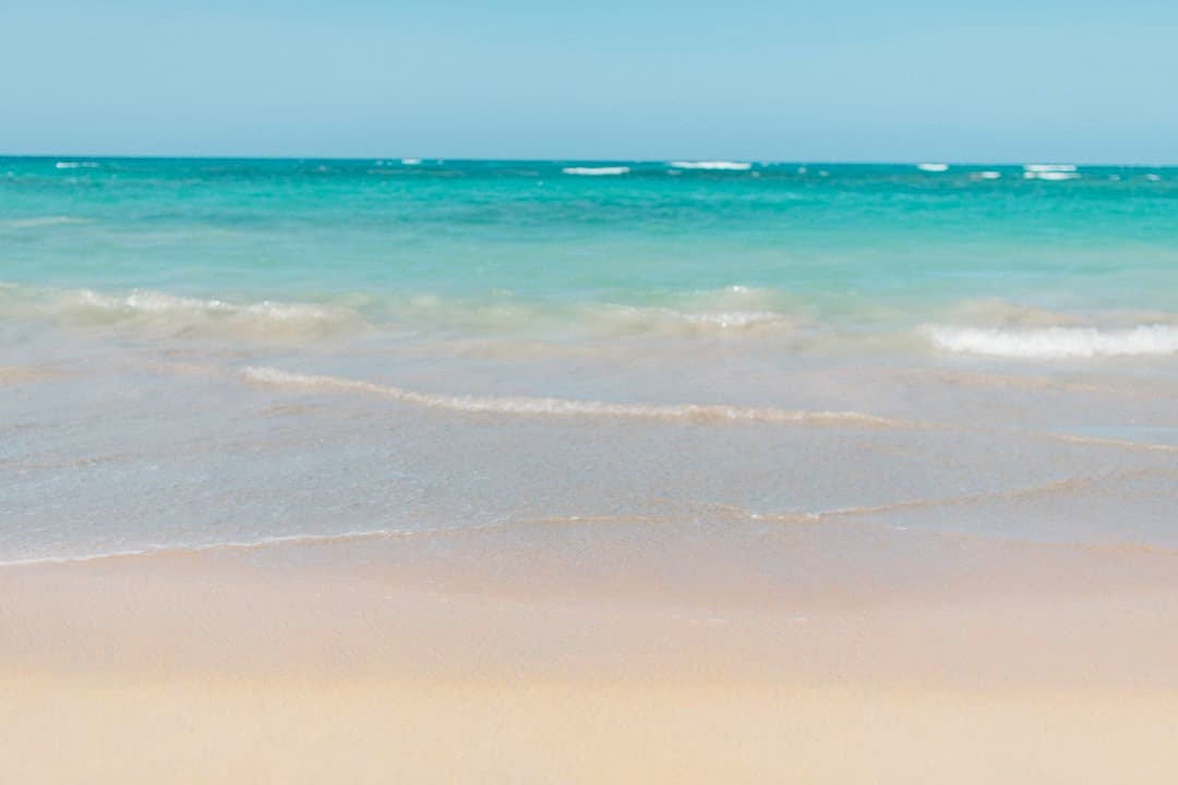 Turkusowe fale oceanu delikatnie obmywają jasną piaszczystą plażę.