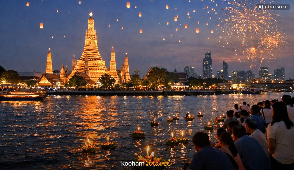 Ilustracja do tematu: Tajlandia. Jak samemu zorganizować wyjazd na festiwal Loy Krathong w Bangkoku? Terminy, logistyka i najlepsze miejsca nad rzeką Menam.