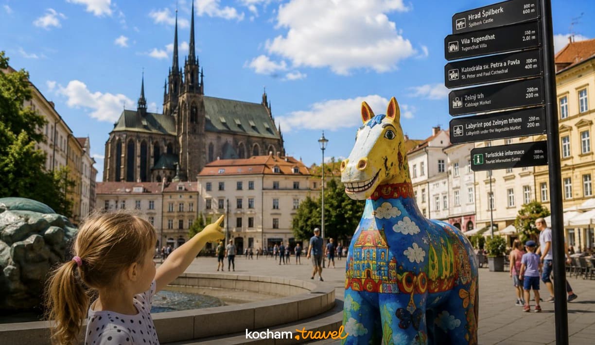 Dziewczynka, kolorowy koń, Katedra św. Piotra i Pawła w Brnie.