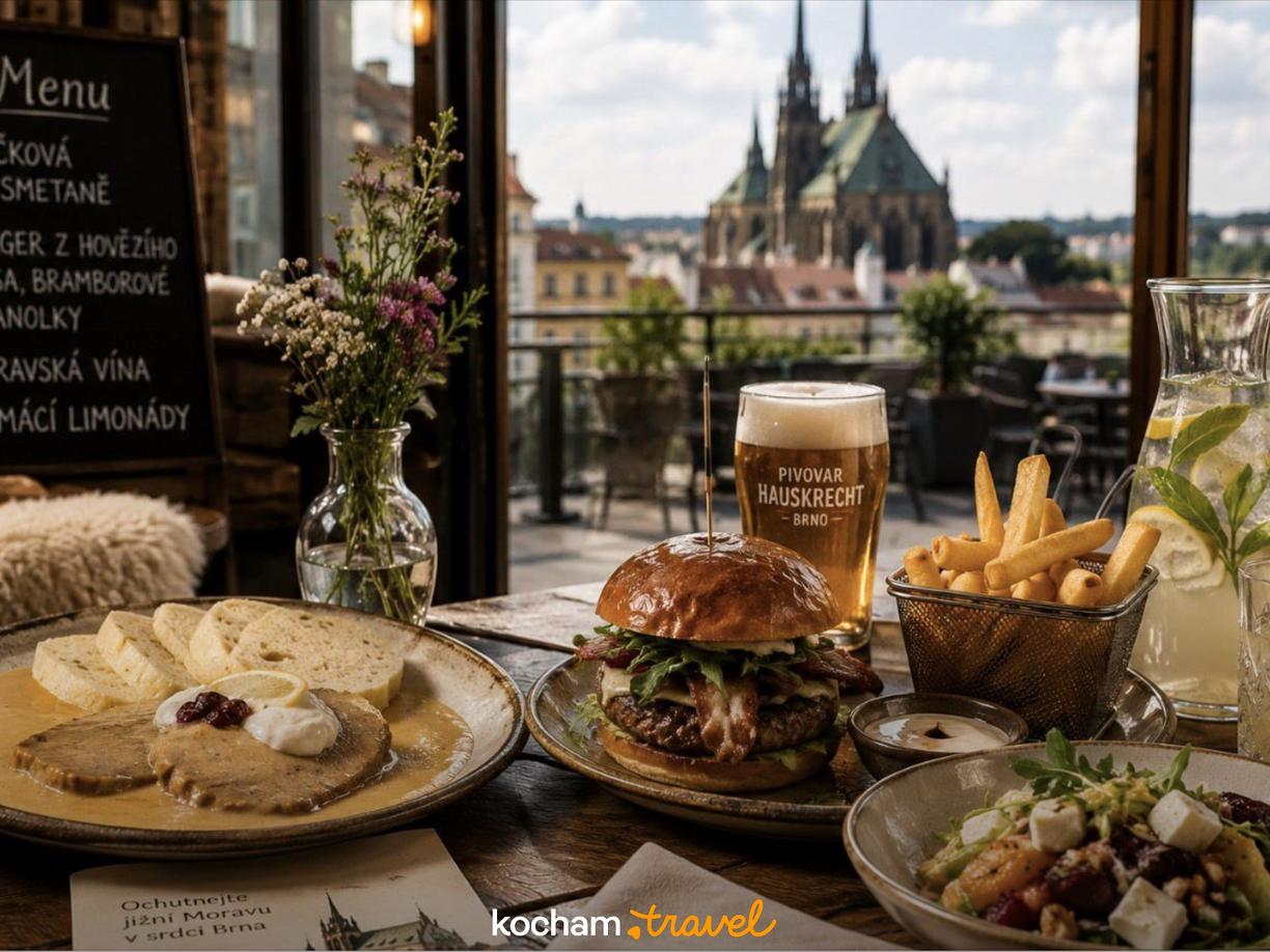 Burger, knedliki, piwo i panorama Brna z restauracji.