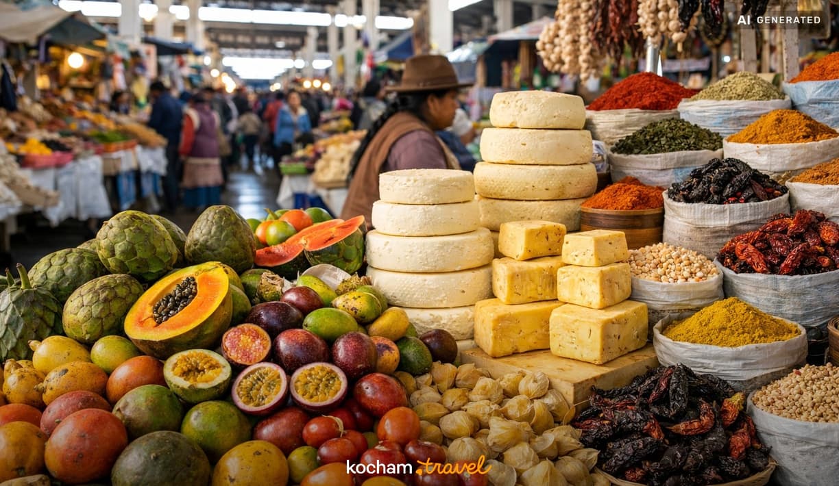 Ilustracja do tematu: Peru. Mercado San Pedro w Cusco: kulinarna podróż przez andyjskie owoce, sery i lokalne przyprawy.