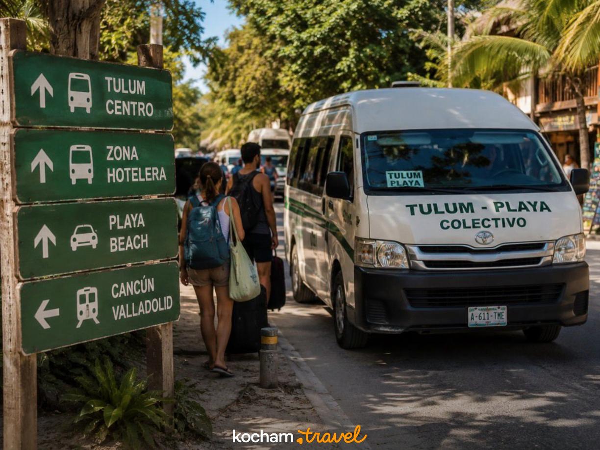 Turyści z bagażami przy colectivo i znaku kierunkowym w Tulum, Meksyk.
