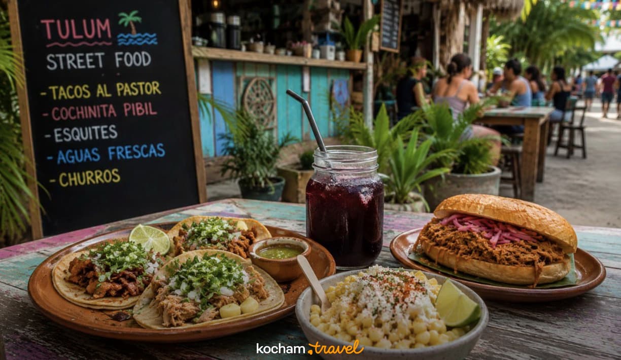 Meksykańskie jedzenie uliczne: tacos, torta, esquites w Tulum.