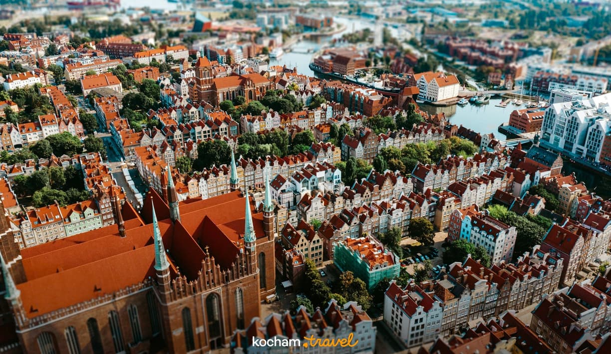 Panorama Gdańska: czerwone dachy, zabytkowe kamienice, rzeka, kościół.