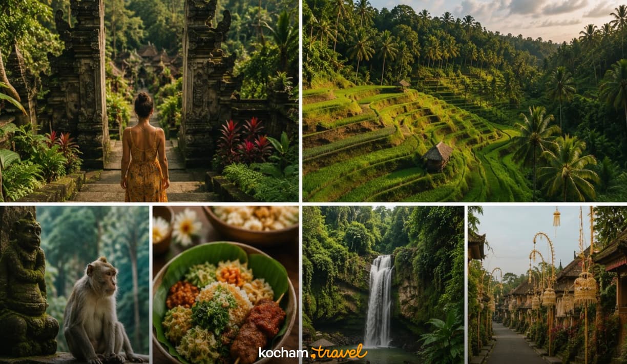 Różnorodne sceny z Bali: świątynie, tarasy ryżowe, wodospad, małpa, jedzenie.