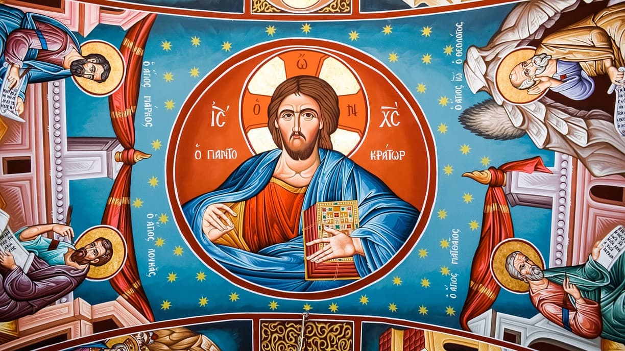 Jezus Chrystus Pantokrator i czterej Ewangeliści na fresku kościelnym.