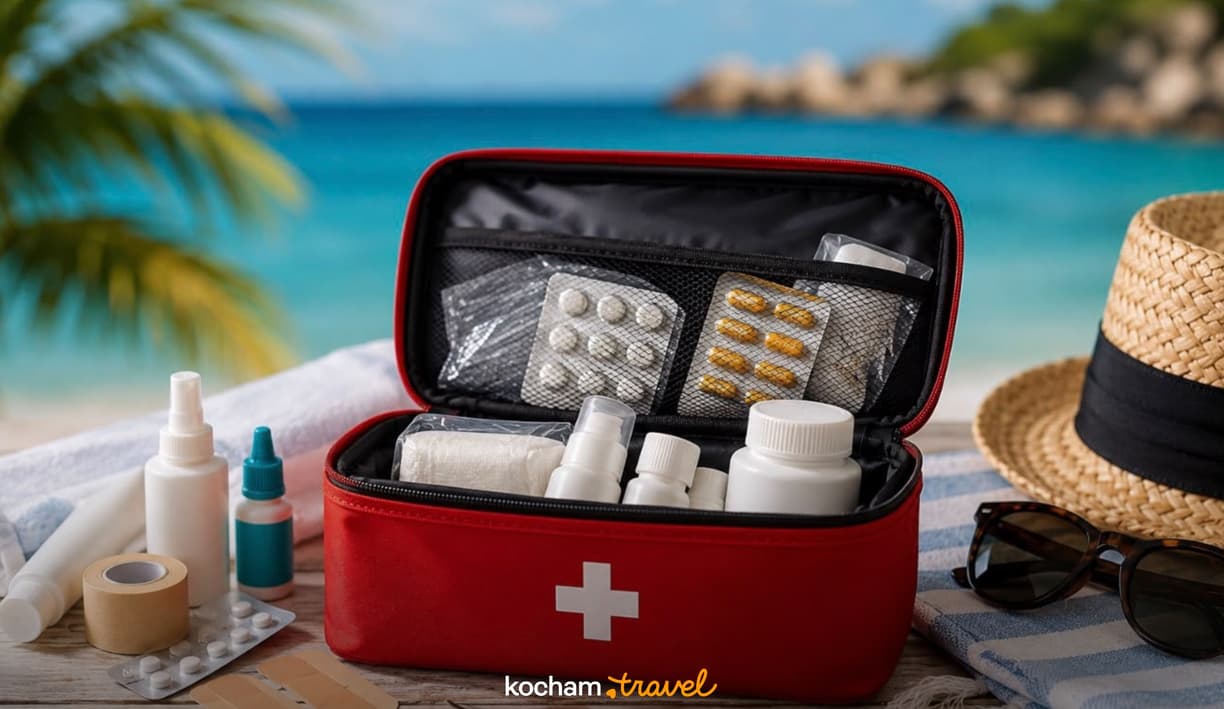 Apteczka z lekami, opatrunkami i kapeluszem na tropikalnej plaży.