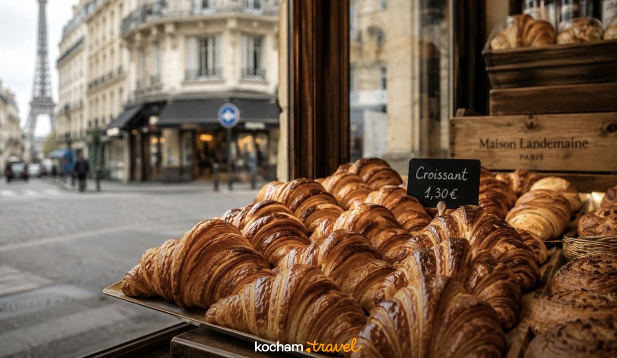 Paryskie croissanty w witrynie piekarni z Wieżą Eiffla w tle.