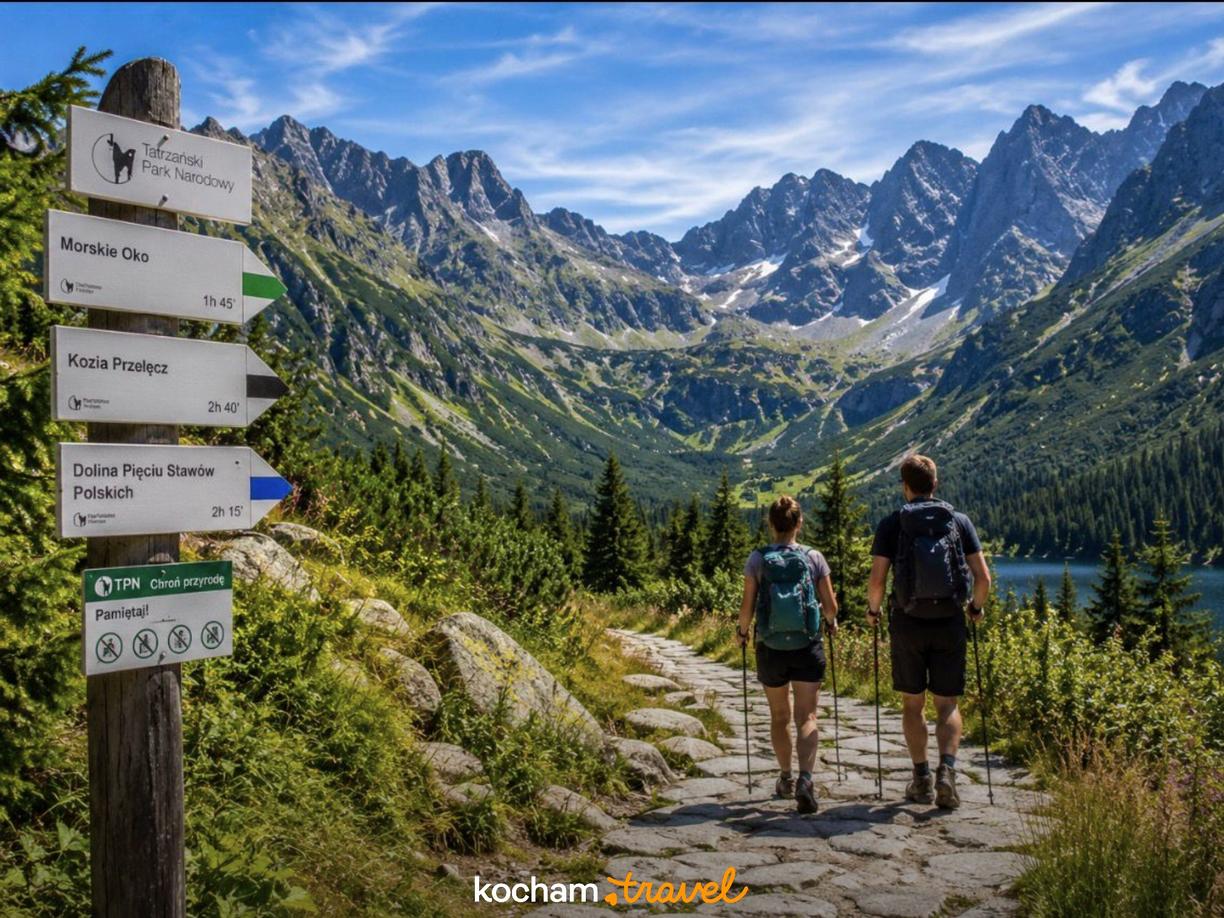 Turyści idący górskim szlakiem w Tatrach, przy drogowskazie na Morskie Oko.