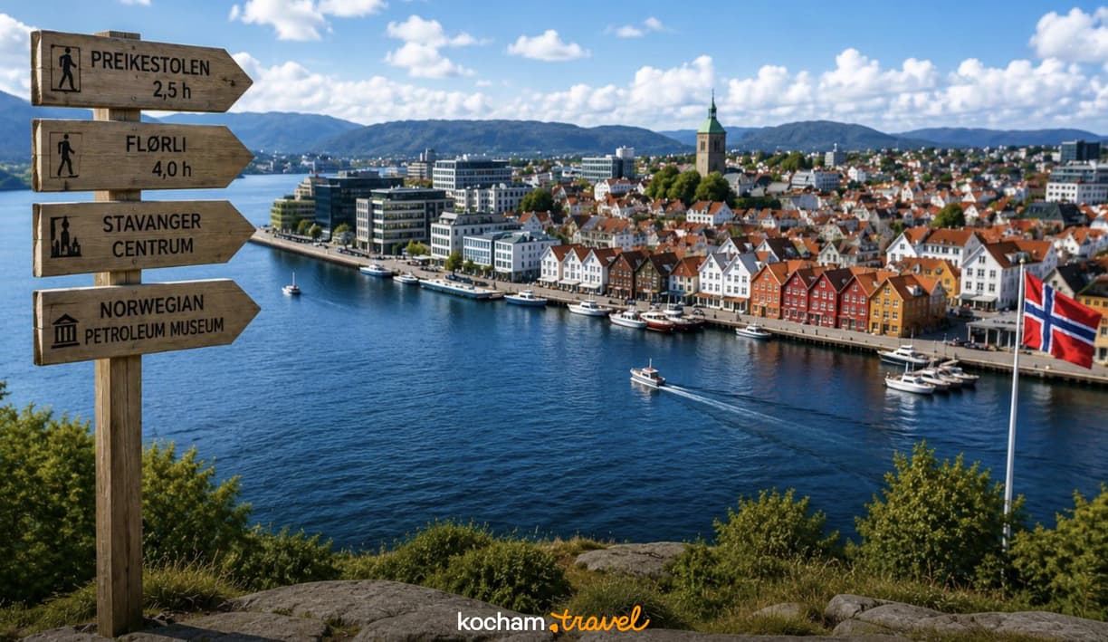 Malowniczy Stavanger w Norwegii z drogowskazem i portowymi kamienicami.
