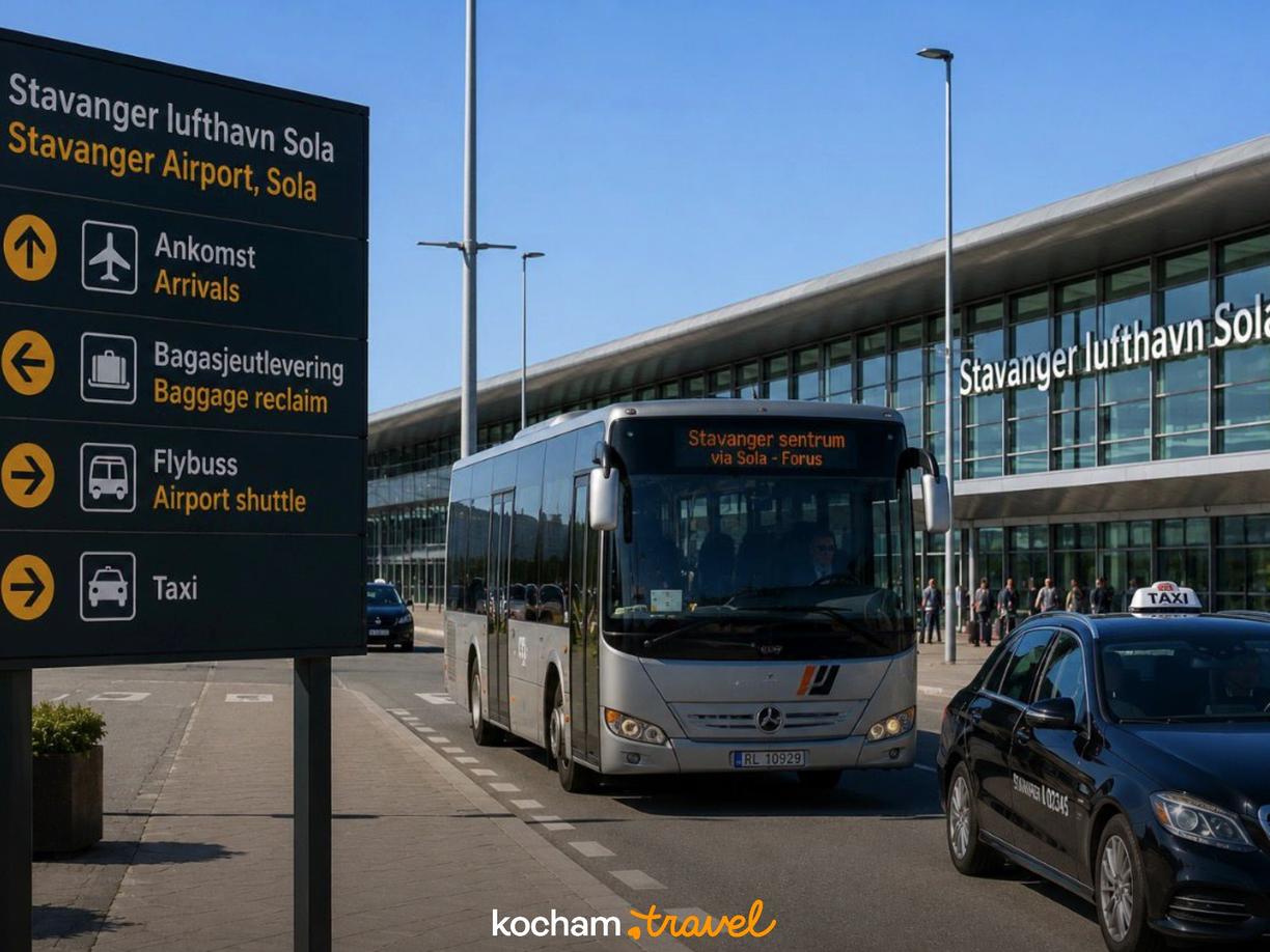 Kierunkowskaz, autobus Flybuss i taksówka na lotnisku Stavanger Sola.