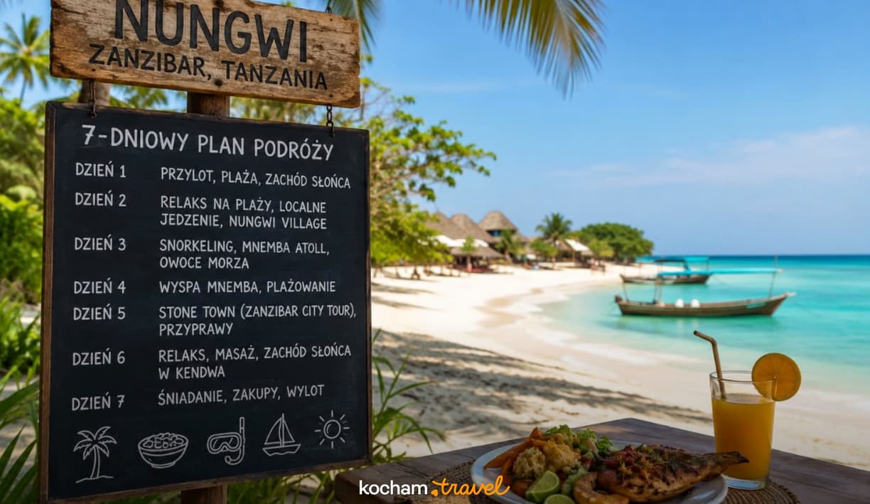 Gotowy plan podróży: wyjazd do Nungwi w Tanzanii na 7 dni. Dzienny rozkład łączący plażowy relaks, lokalne posiłki i wycieczki po wyspie