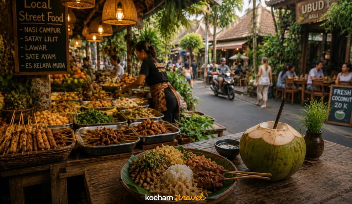 Uliczne jedzenie na Bali: satay, nasi campur i świeże kokosy.