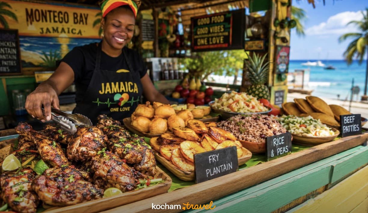 Kobieta serwująca tradycyjne jamajskie jedzenie z Montego Bay na plaży.