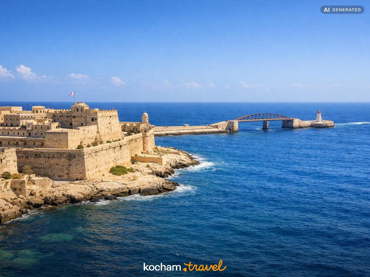 Fort St. Elmo i panorama falochronu w Valletta