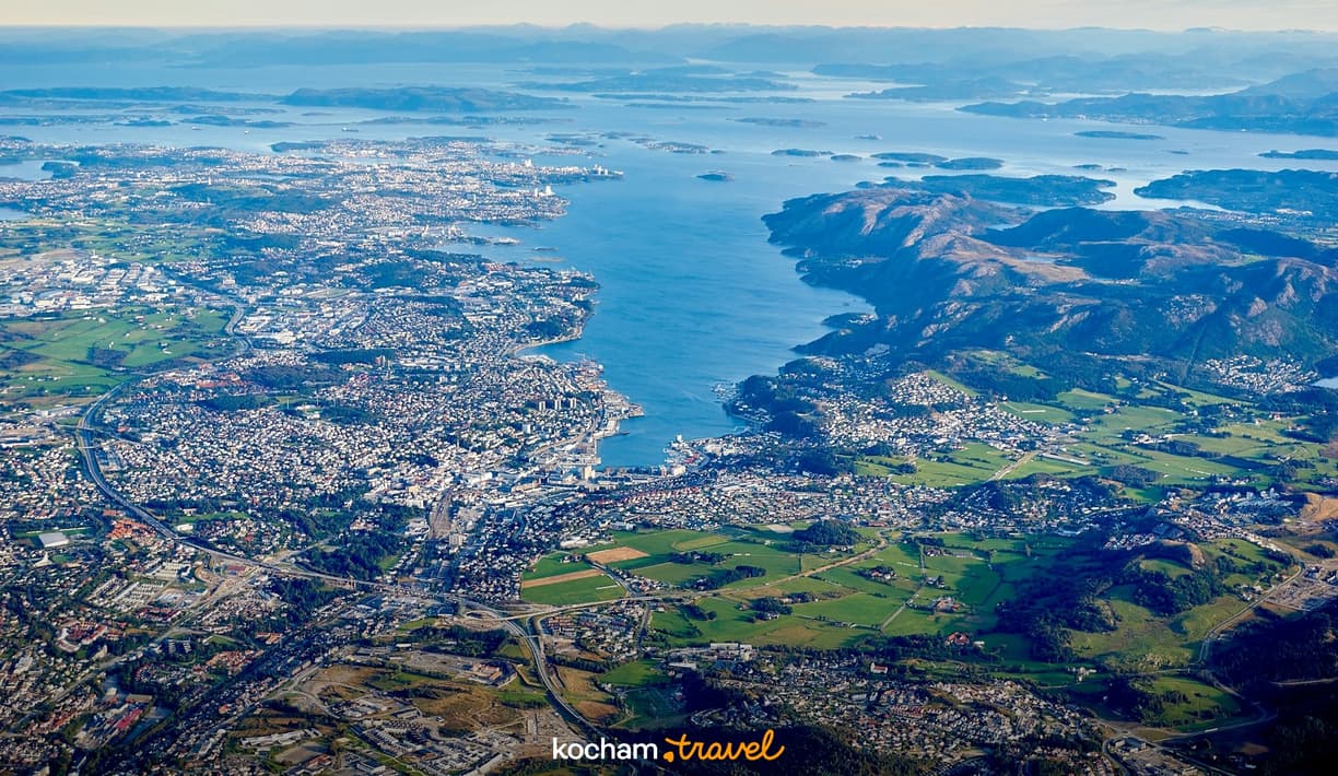 Norweskie miasto portowe otoczone fiordami, wyspami i zielenią.