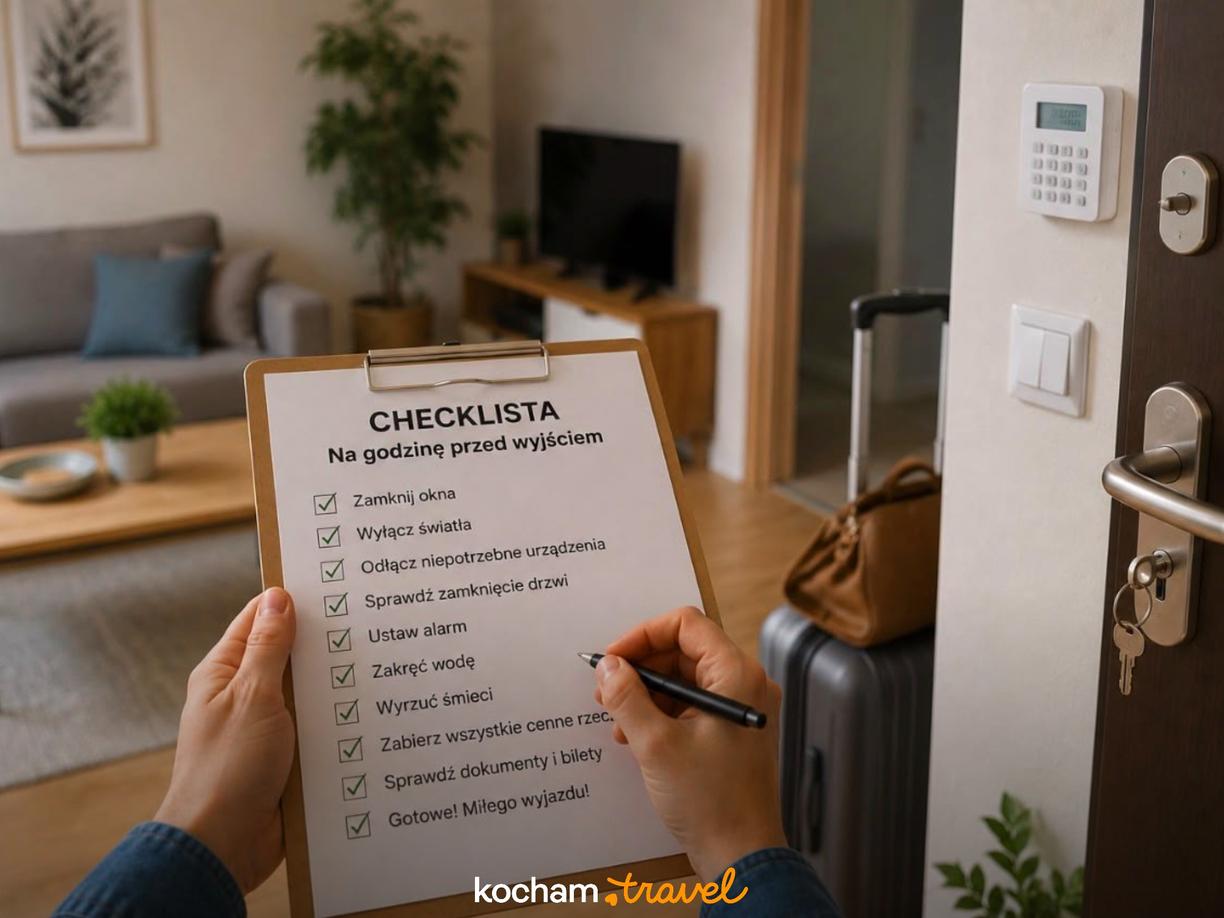 Checklista podróżna z zaznaczonymi zadaniami w nowoczesnym mieszkaniu.