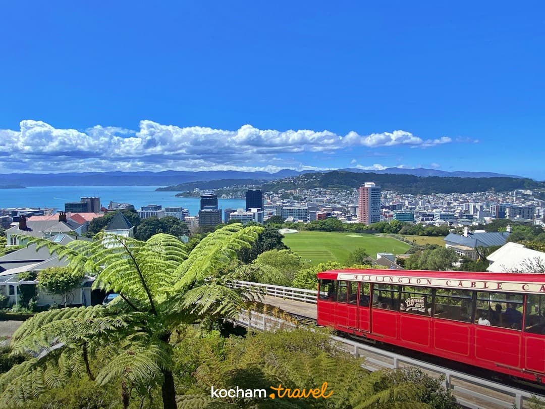 Jasnoczerwona kolejka linowa Wellington, panorama miasta, port, Nowa Zelandia
