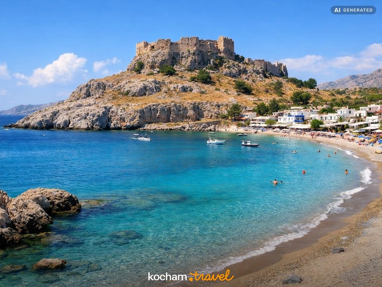 Ruiny zamku Ferkalos i urokliwe plaże w Rodos
