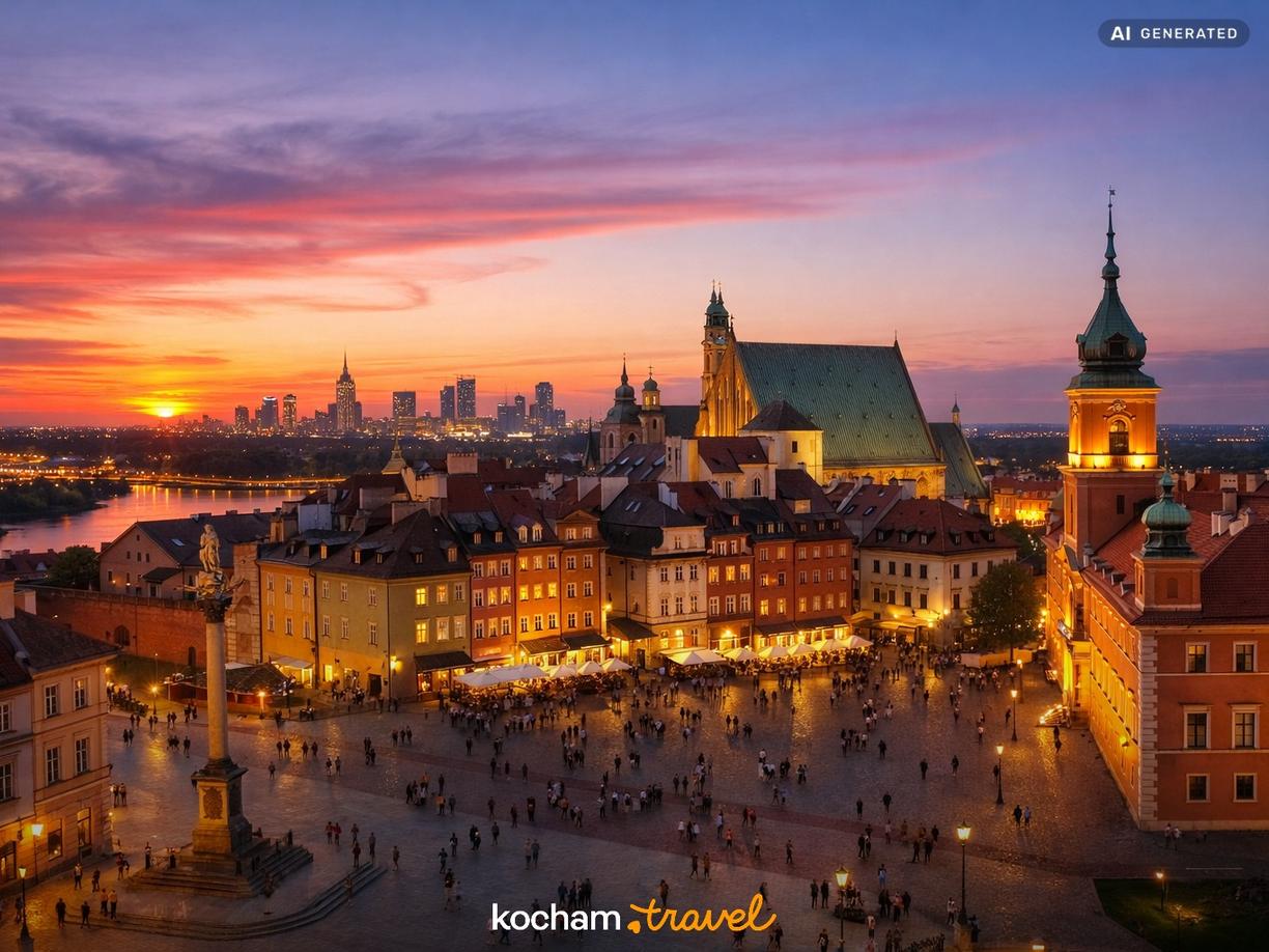 Romantyczne zachody słońca i nocna panorama w Warszawa