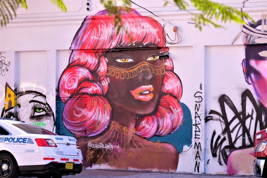 Kolorowy mural kobiety z różowymi włosami i maską na ścianie, Miami.