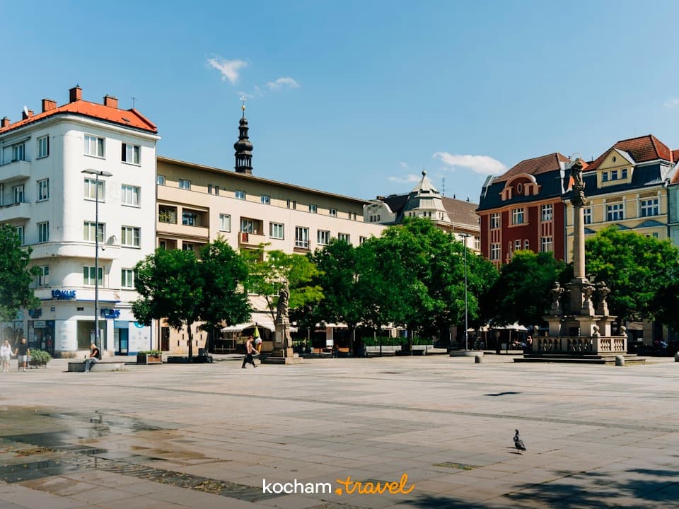 Słoneczny rynek z zabytkowymi kamienicami i pomnikiem
