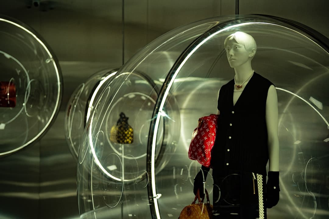Luksusowa wystawa Louis Vuitton: manekin z torbami w szklanej kapsule.